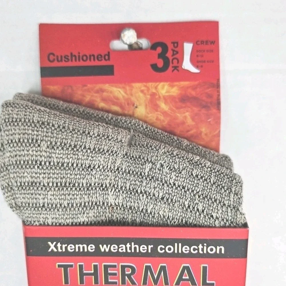 Extreme Weather Collection Thermal Socks 3 Pk Crew Lngth Sz 10-13 Cushioned Gray